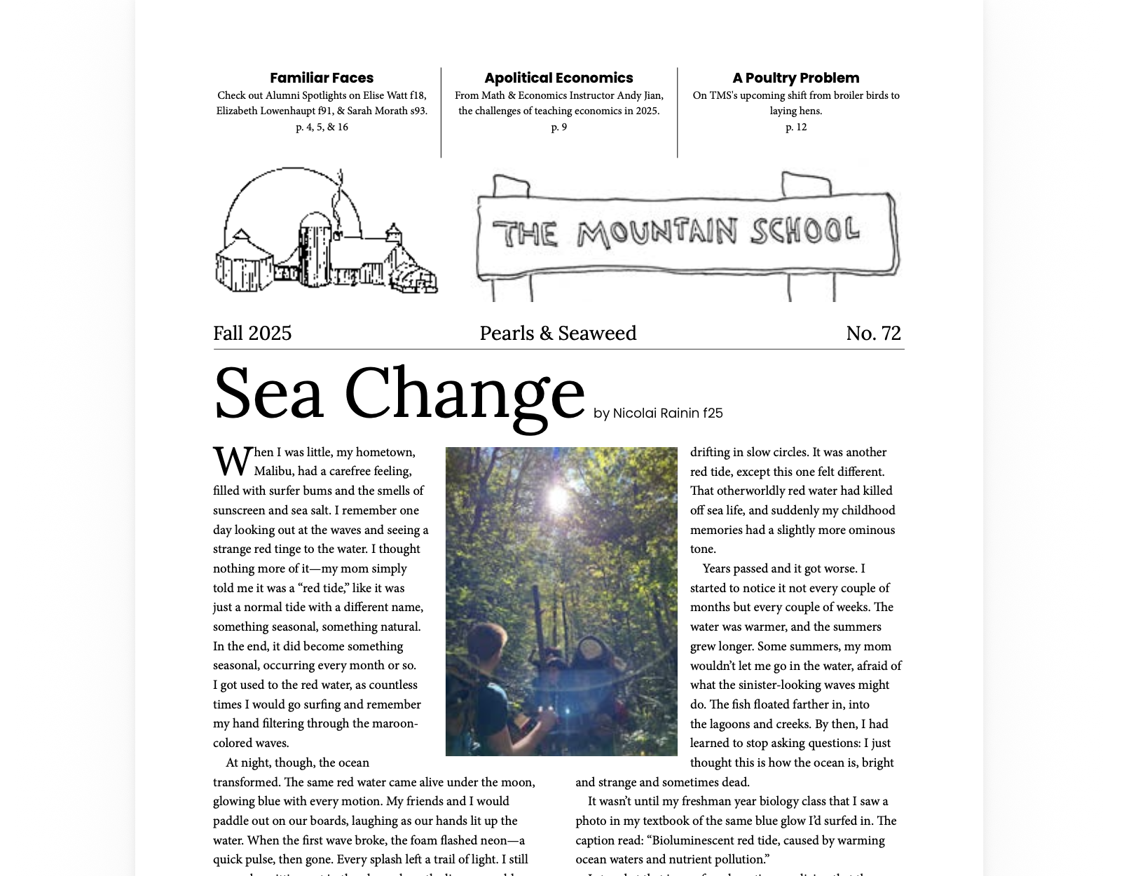 A school newspaper page with articles, a school illustration, and a photograph of children walking in a forest.