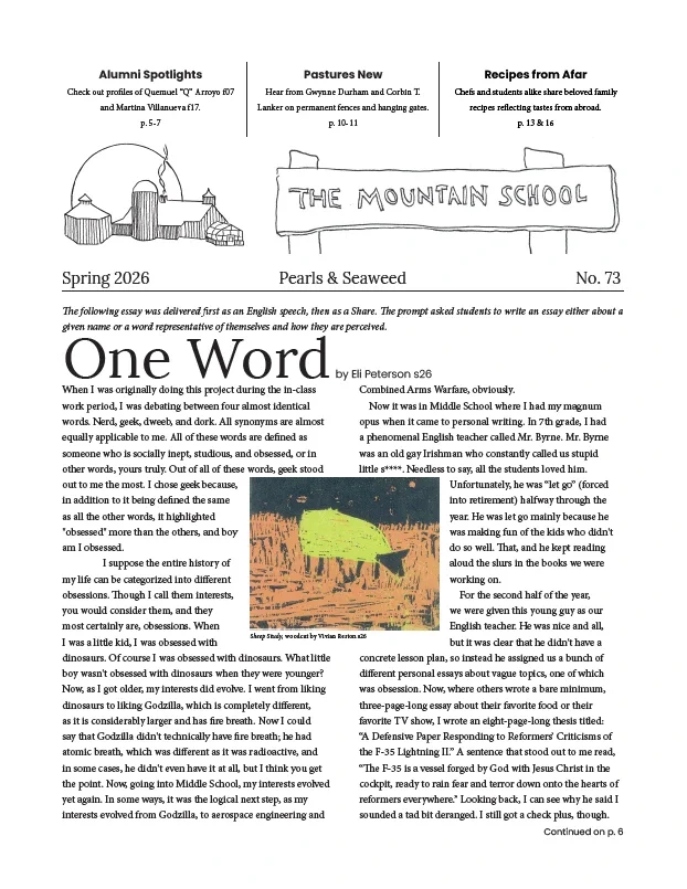 Page from a school magazine or newsletter titled 'The Mountain School,' Spring 2026, No. 73. It features sections on alumni, pastures, recipes, and a main article titled 'One Word' by Eli Peterson about his obsession with dinosaurs, illustrated with a drawing of a dinosaur.