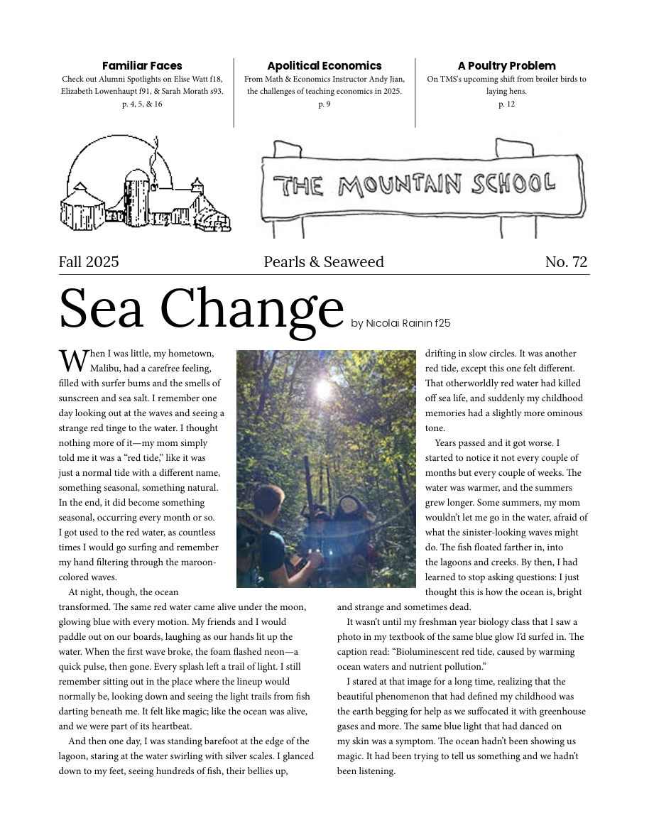 Page of a magazine or newsletter with articles and a photo. The articles are titled "Familiar Faces," "Apolitical Economics," "A Poultry Problem," and "Sea Change." The main article, "Sea Change," includes a photograph of a person near a body of water with trees and sunlight.