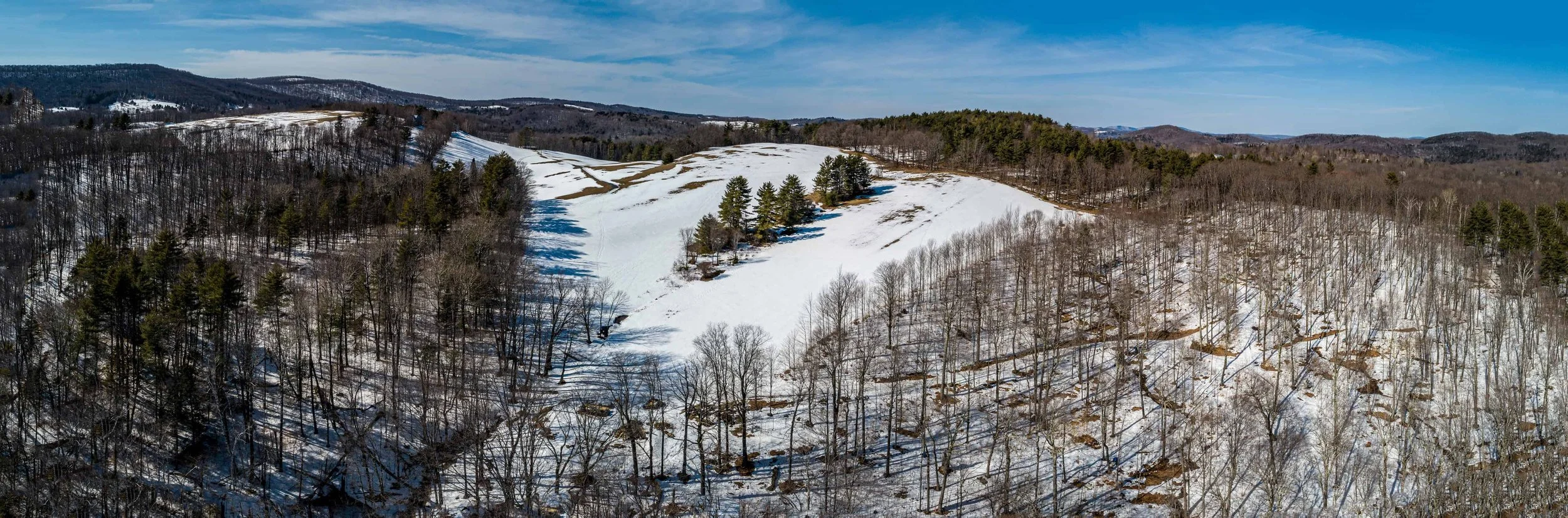 Snow-covered hills with scattered trees and patches of bare ground under a blue sky.
