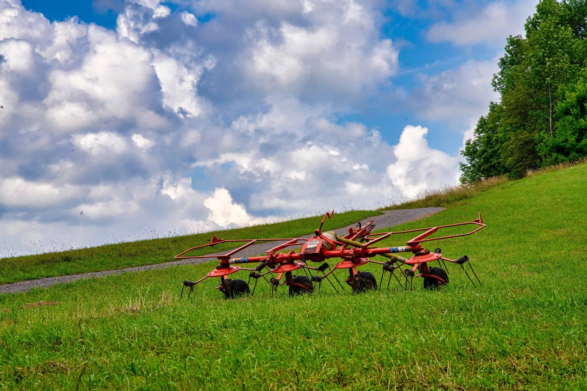 Green grassy field with a broken red rotary lawn mower lying on the ground. In the background, there is a gravel path, a small hill, green trees, and a partly cloudy blue sky.