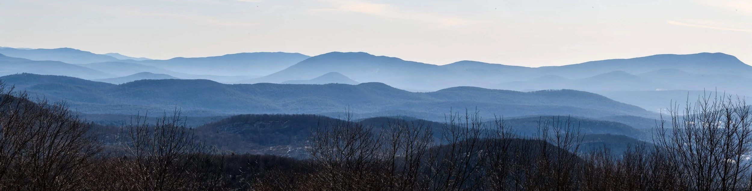 Layered blue mountain range under a cloudy sky with leafless trees in the foreground.