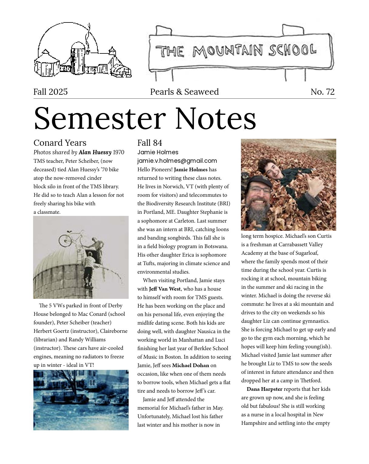 A school newsletter titled 'Semester Notes', Fall 2025 edition, with illustrations of a school building and a park bench sign reading 'The Mountain School'. The newsletter features articles on students and staff, with photographs of children playing outdoors and a person on a bicycle.