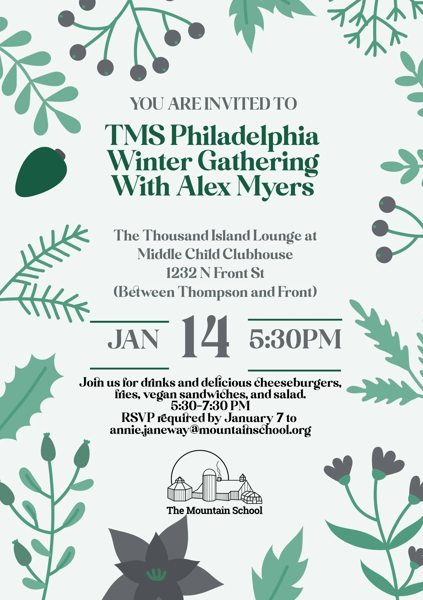 Invitation to TMS Philadelphia Winter Gathering with Alex Myers on January 14, 5:30 PM, at The Thousand Island Lounge, Middle Child Clubhouse, featuring photos of green winter foliage and berries.
