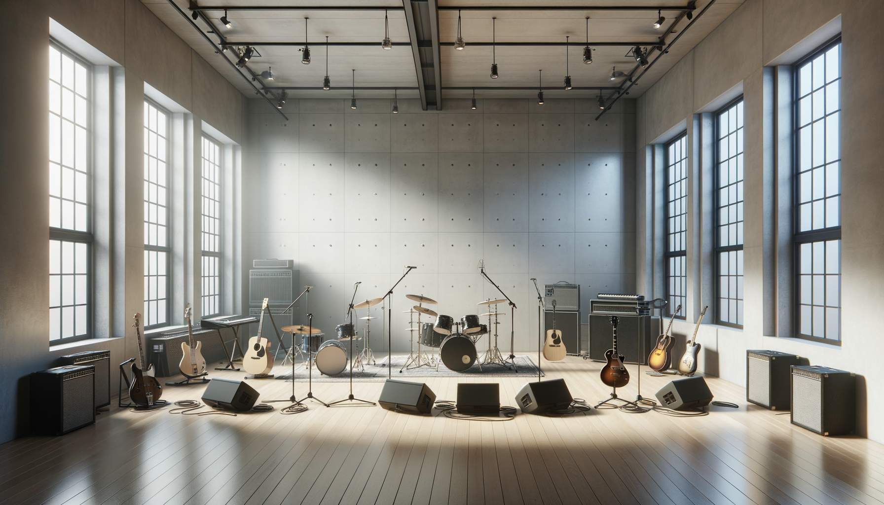 Empty music stage with various guitars, drums, amplifiers, microphones, and a keyboard, in a well-lit room with large windows and hardwood floor.