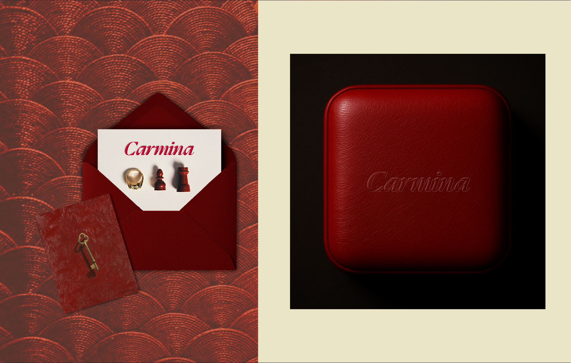 A red jewelry box with the name 'Carmina' embossed on the lid, shown closed, on the right side. On the left side, red envelopes and a wedding invitation with the name 'Carmina' on it, along with rings and chess piece charms inside the envelope, and a key charm on a red card.