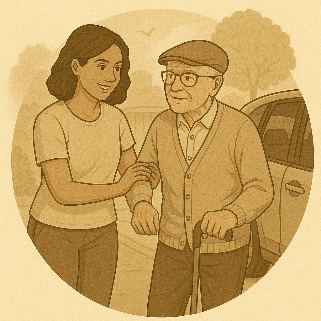 A young woman helping an elderly man walk outdoors near a parked car, with trees and a bird in the background.