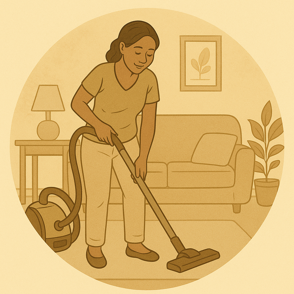 A woman vacuuming a living room with a vacuum cleaner.