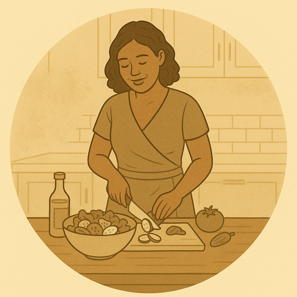 A woman preparing a salad in a kitchen, chopping vegetables on a cutting board with ingredients like a tomato and a bottle nearby.