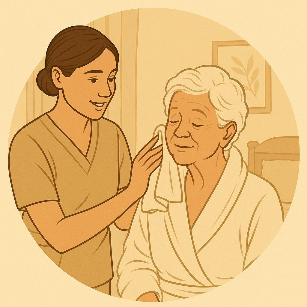 A caregiver gently pats an elderly woman's face with a cloth, both smiling in a cozy room with framed wall art.