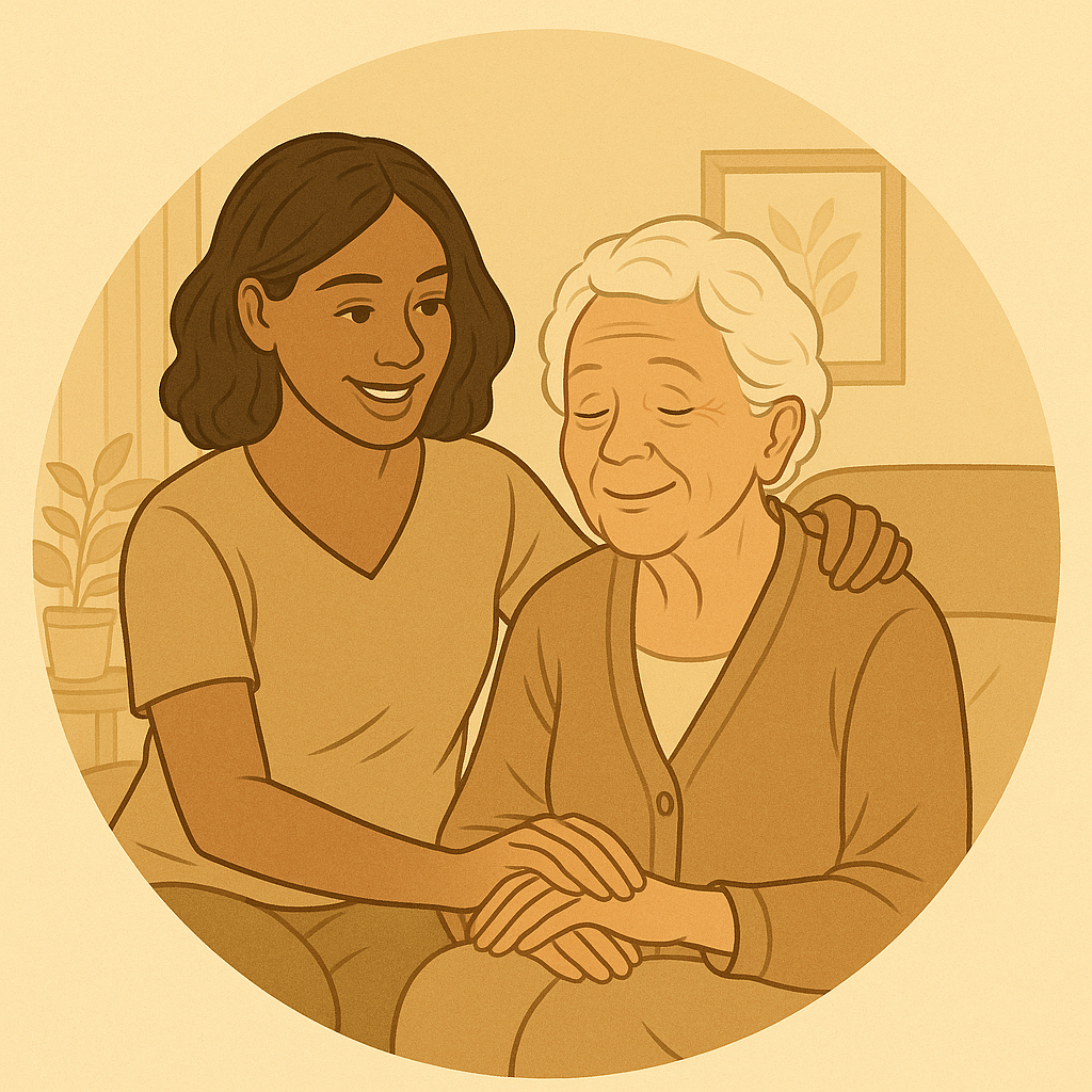 A young woman comforting and sitting with an elderly woman in a cozy home setting, smiling and holding hands.
