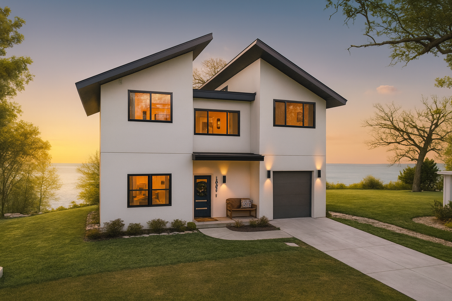 Modern two-story house with white exterior and black window frames, situated near water, during sunset, with green lawn and trees.