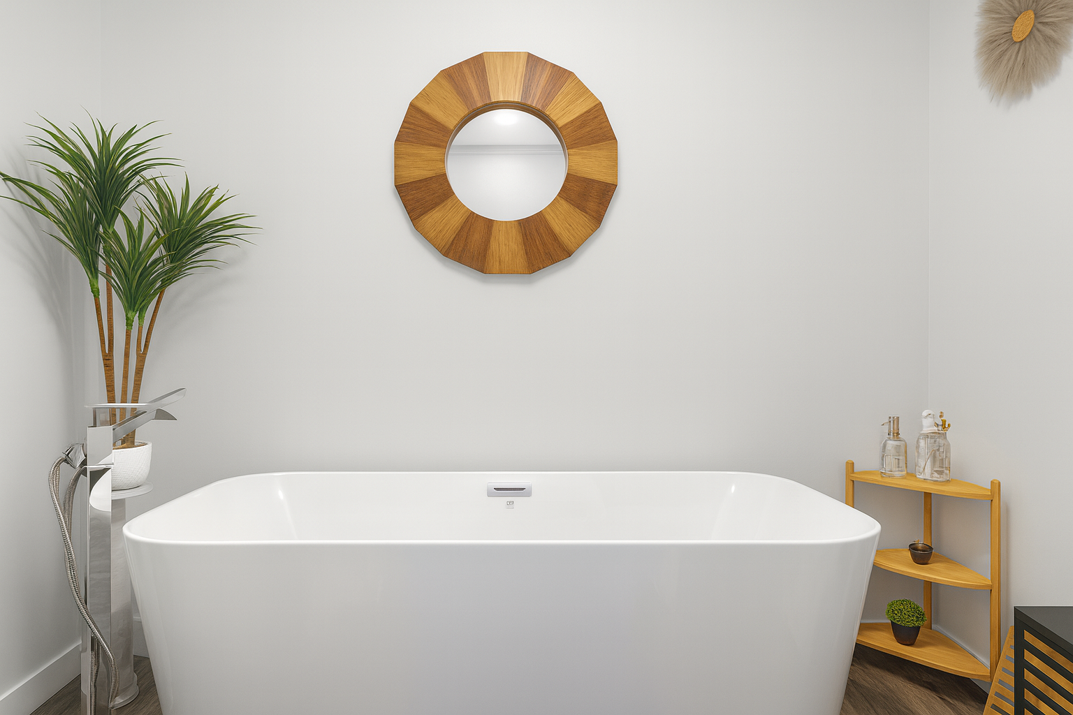 Modern bathroom with a white freestanding bathtub, a round wooden-framed mirror on the wall, a tall green plant in a white pot, and a small wooden shelf with glass bottles and a small plant.