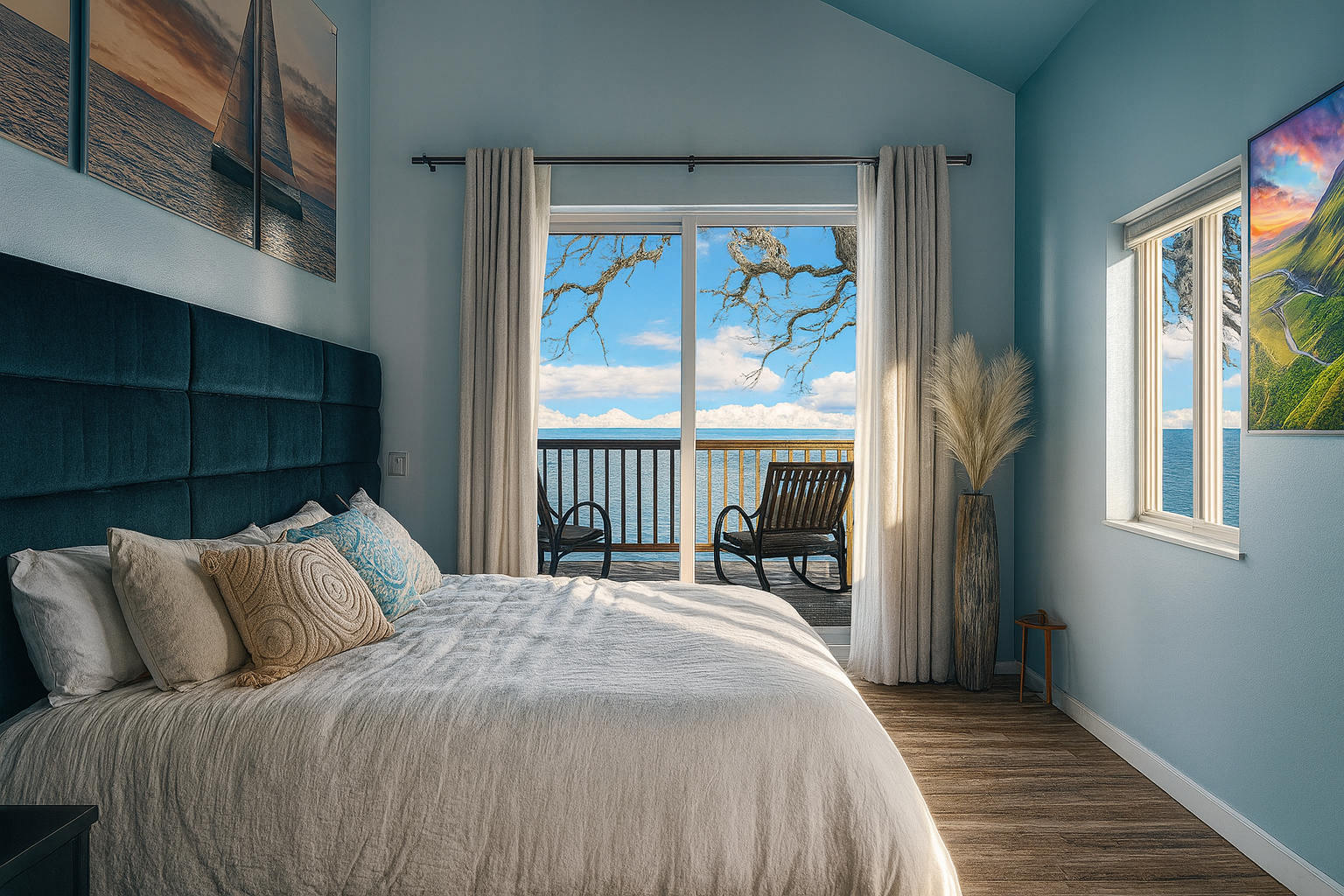 A bedroom with light blue walls, a large bed with a teal headboard, beige bedding, and decorative cushions. There is a balcony with two chairs and a view of the ocean through sliding glass doors. The bedroom has a window with a scenic view, and decor includes wall art and tall dried plants in a vase.
