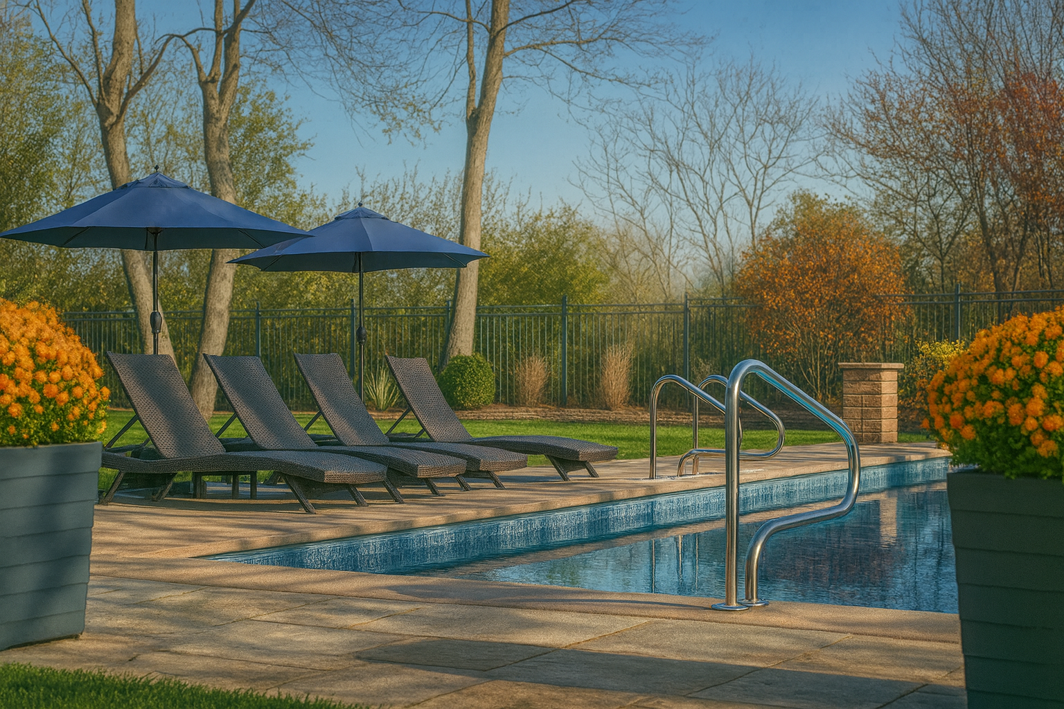 An outdoor swimming pool area with three lounge chairs, two blue umbrellas, and colorful flower pots on a sunny day with trees in the background.