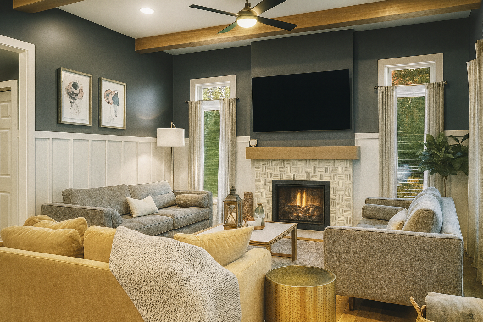 Living room with a fireplace, gray walls, two sofas, a yellow armchair, a coffee table, wall art, a ceiling fan, and a TV above the fireplace.