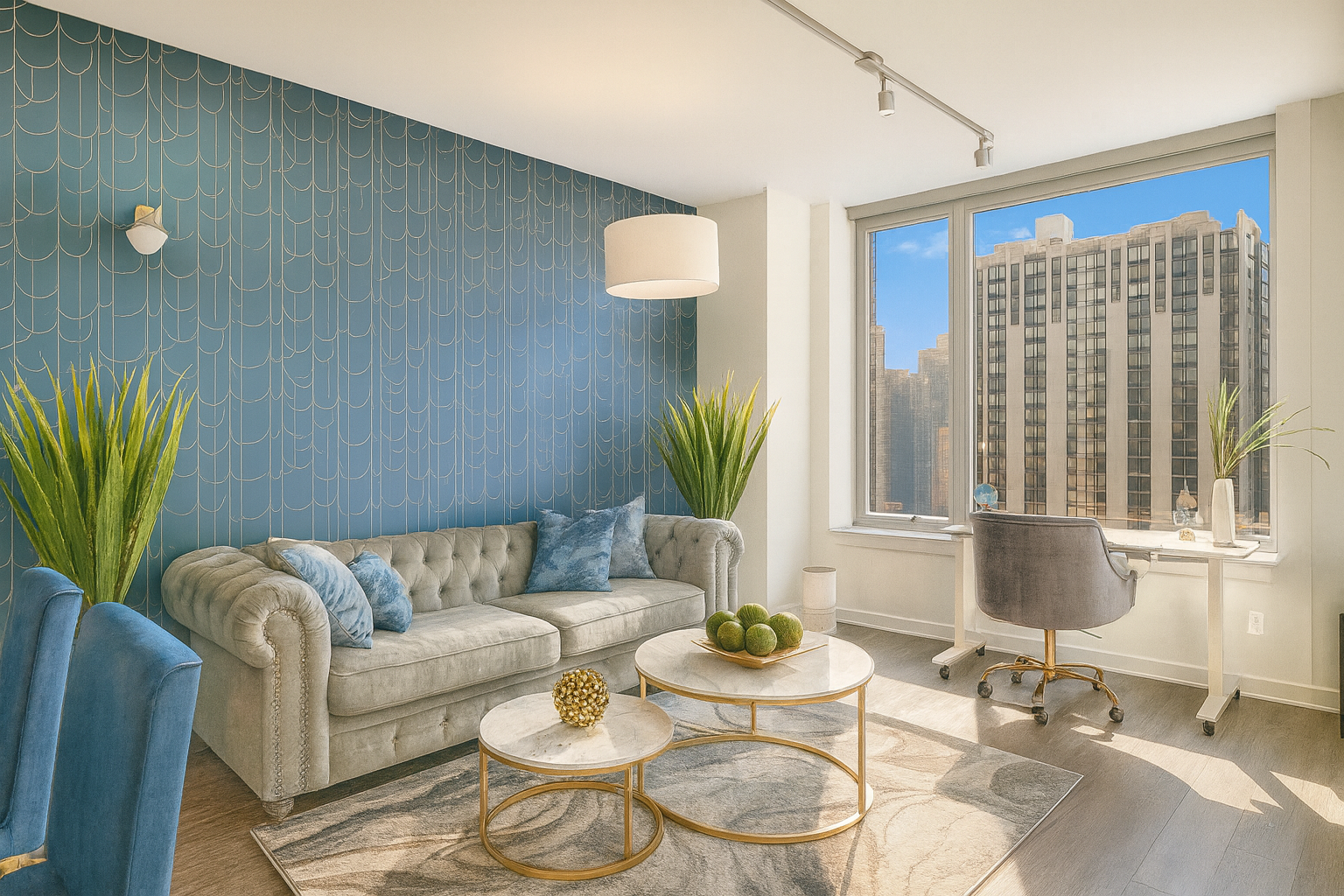 Living room with blue accent wall, beige tufted sofa with blue pillows, two gold-trimmed marble coffee tables with green decorative balls, a gray armchair at a desk near large windows showing city skyscrapers, indoor plants, and a patterned area rug.