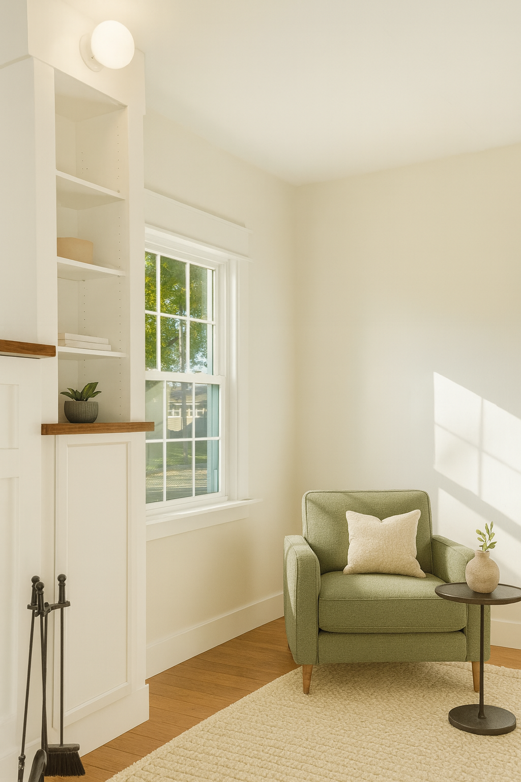 A cozy room with a green armchair with a beige pillow, a small round black side table with a beige vase holding green branches, a large window with white trim letting in sunlight, a wooden floor, a beige rug, and white built-in shelves with decorativ