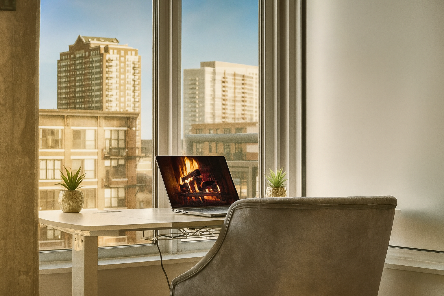 A cozy home office with a white desk, two small potted plants, and a laptop against a large window showing a cityscape with tall buildings during daytime.