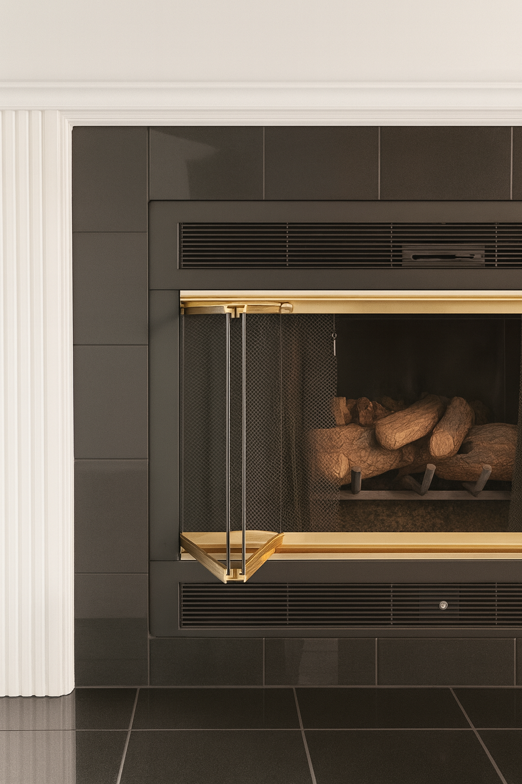 Close-up of a modern fireplace with a black frame, gold accents, and beige firewood inside, set in a room with white and gray wall panels.