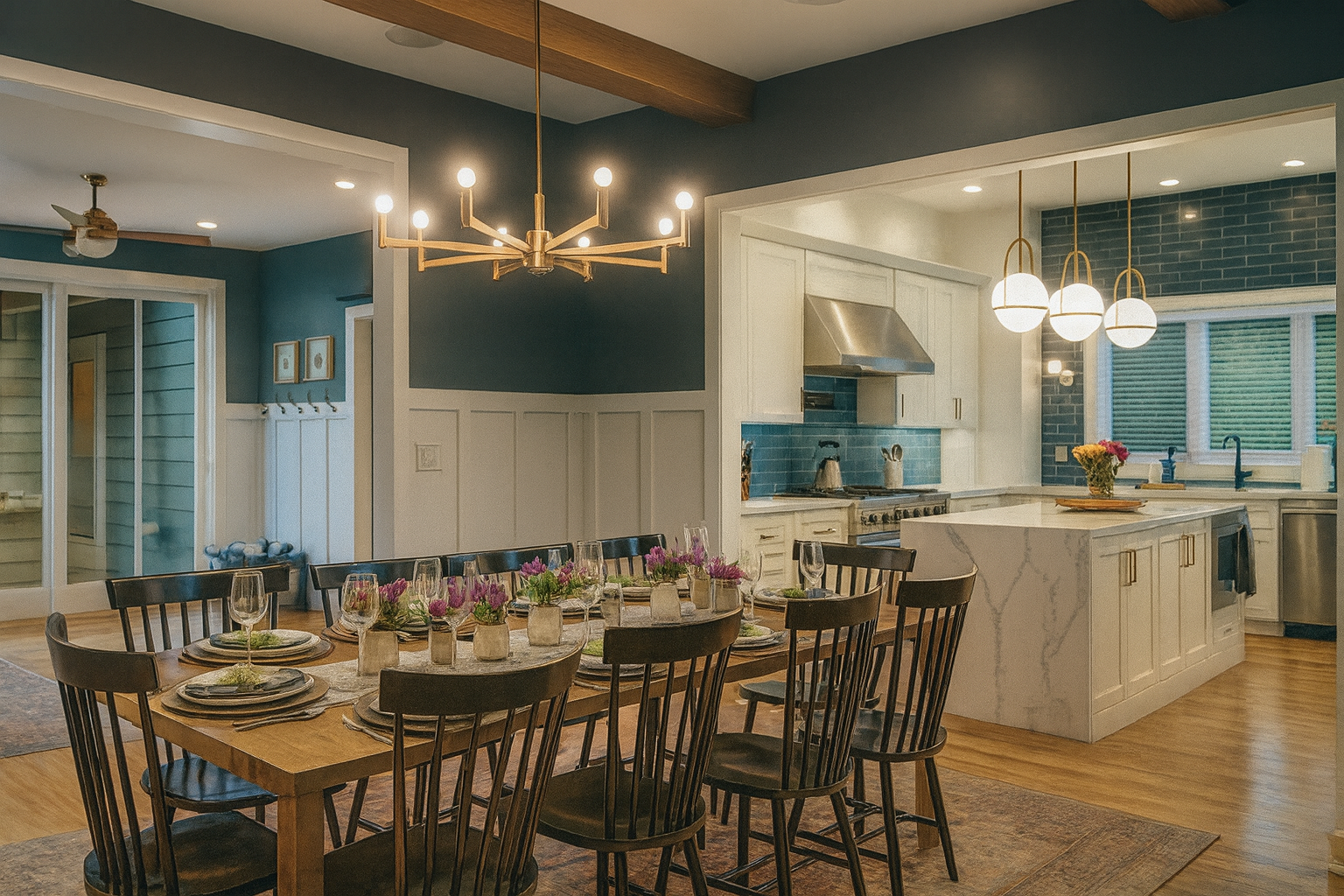 Dining room with a wooden table set for eight, purple flowers in vases, and modern lighting fixtures including a chandelier and pendant lights over a kitchen island.