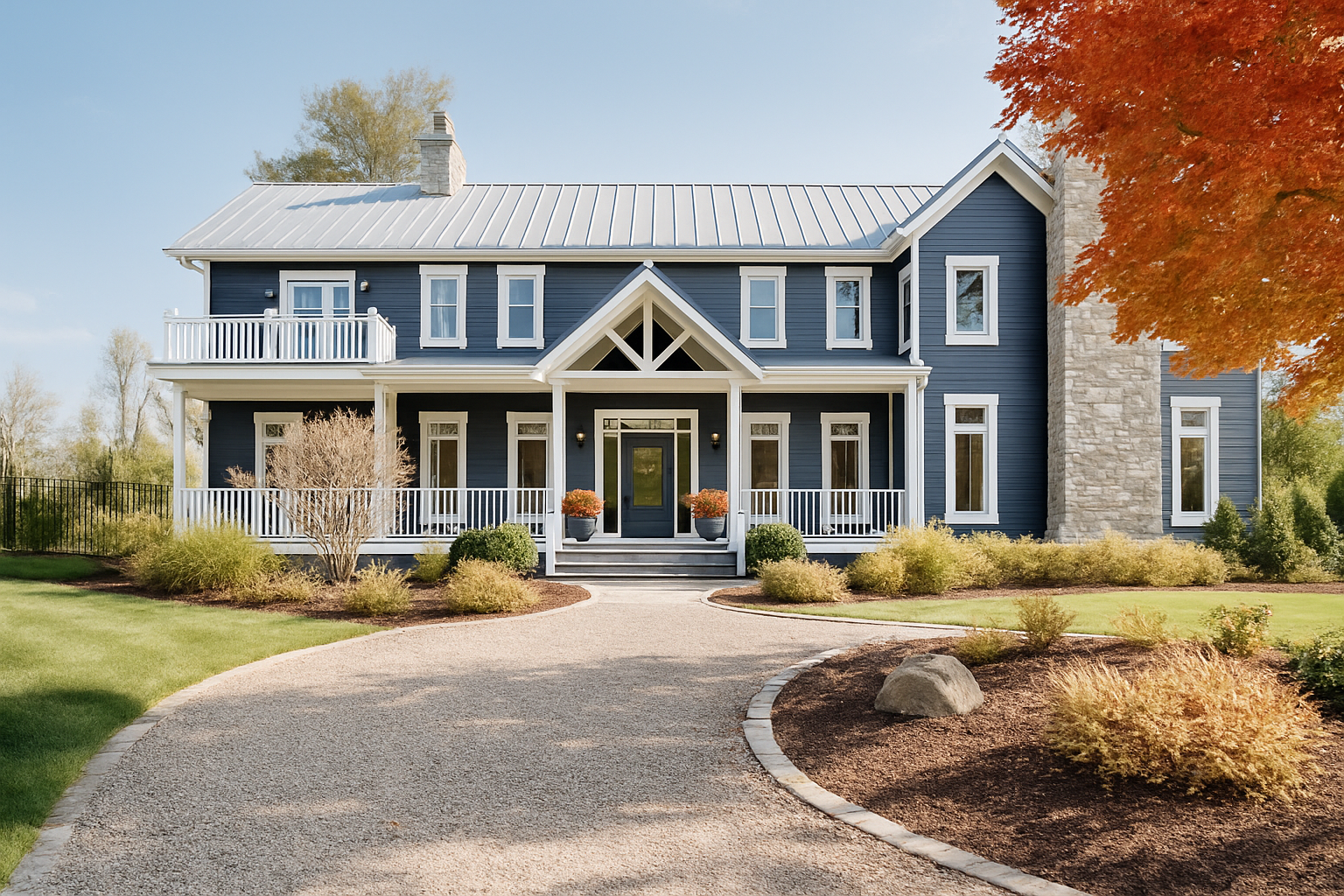 Front view of a large blue two-story house with white trim, stone chimney, and a wraparound porch with potted plants, surrounded by landscaped gardens and a curved gravel driveway, with a large maple tree with orange leaves on the right.