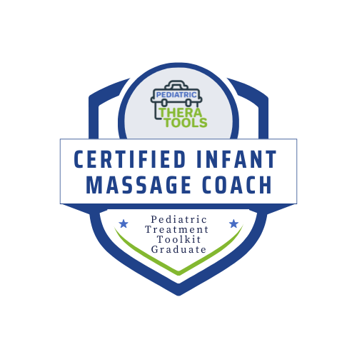 Certified infant massage coach badge with a pediatric therapy tools logo, shield design, and text indicating certification and pediatric treatment expertise.