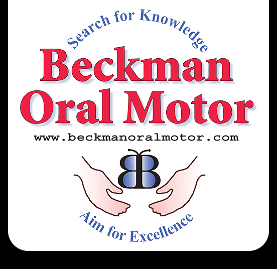Beckman Oral Motor logo with hands and butterfly design, tagline 'Search for Knowledge, Aim for Excellence', website URL beckmanoralmotor.com.