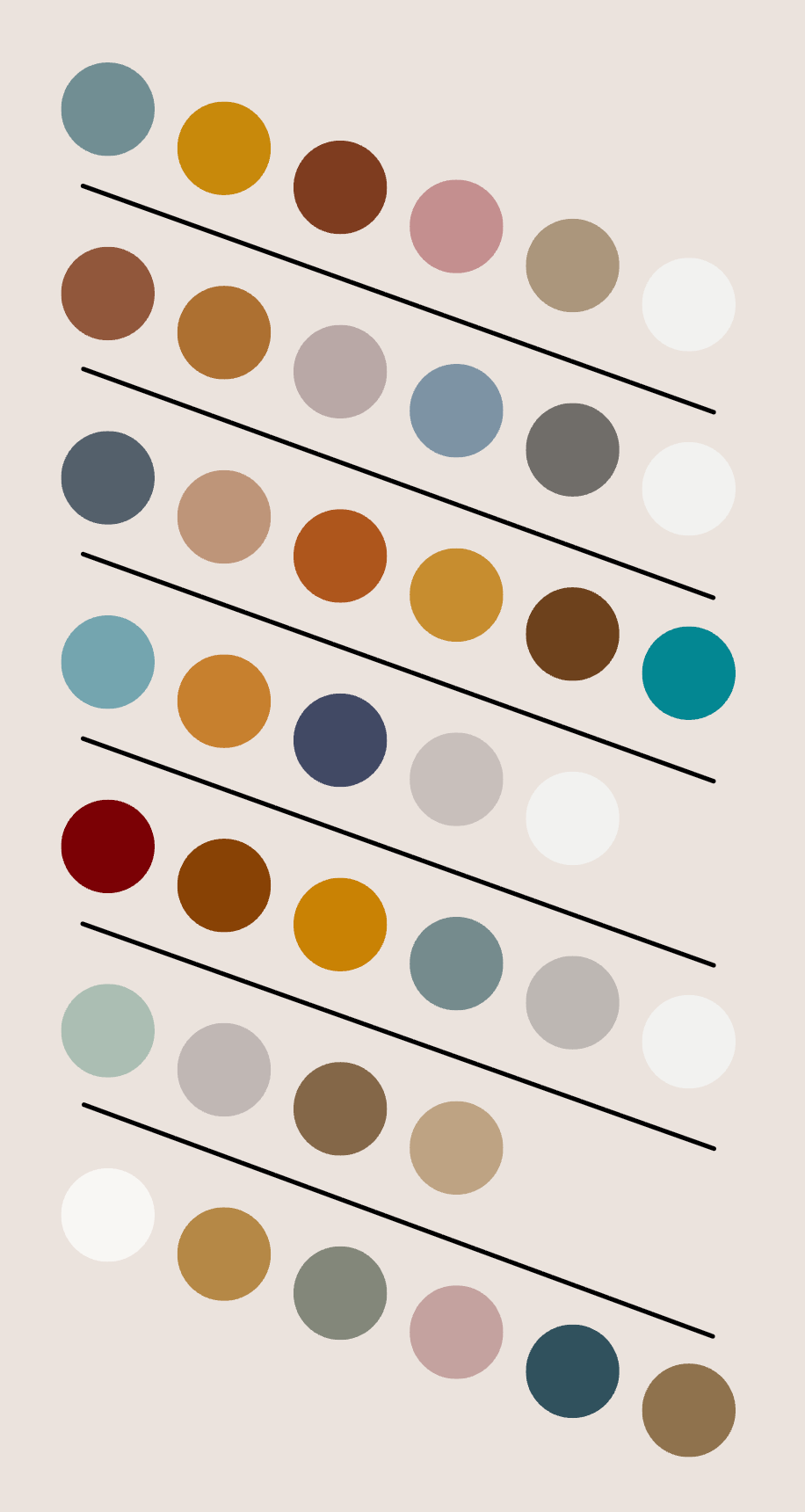 Color palette with multiple rows of colored circles separated by black lines on a beige background.