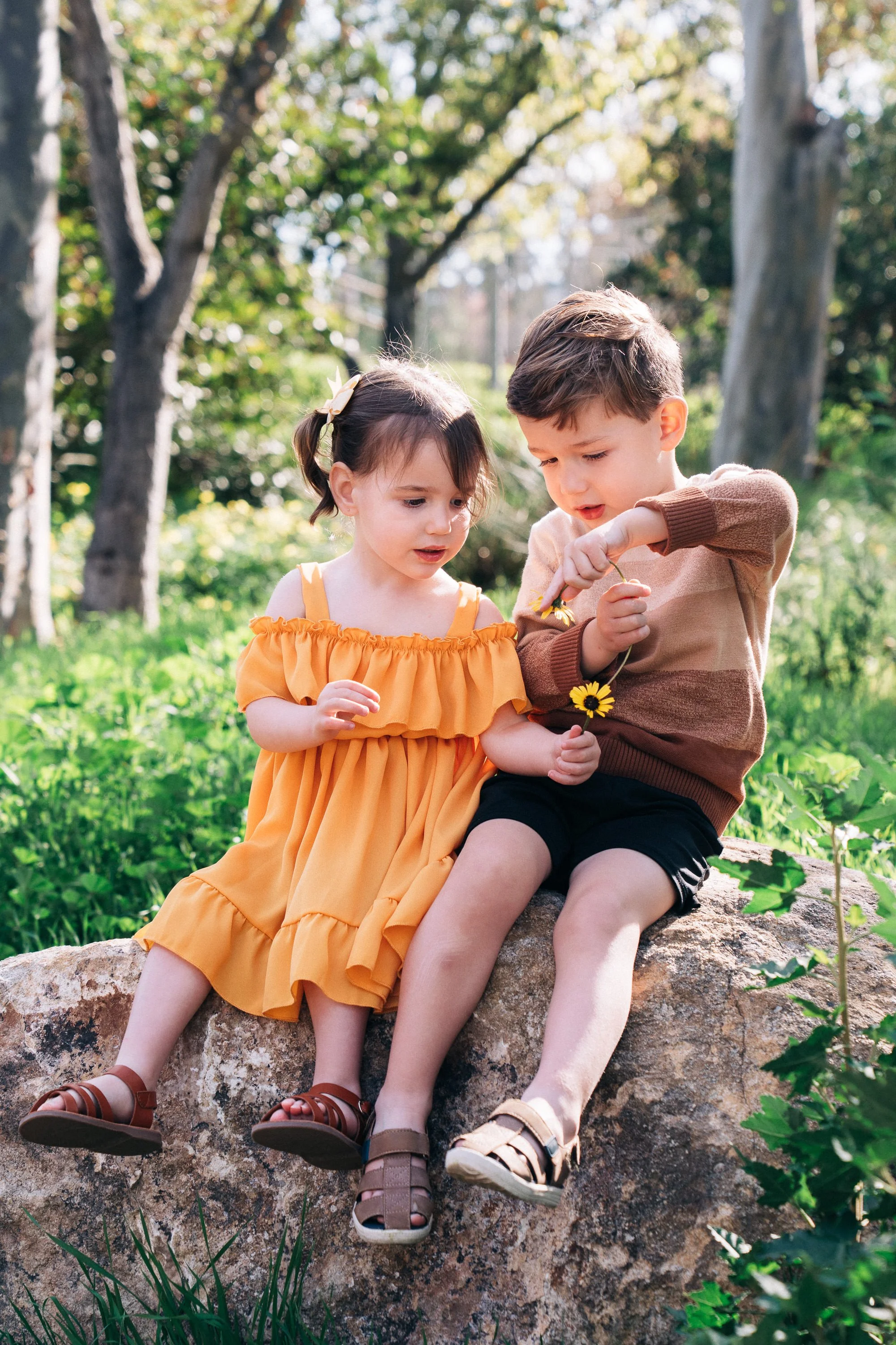 Two children, a girl in a yellow dress and a boy in a beige and brown sweater, sitting on a large rock outdoors surrounded by green trees and grass, exchanging yellow flowers.