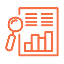 Icon of a person analyzing a presentation with a bar chart and line graph