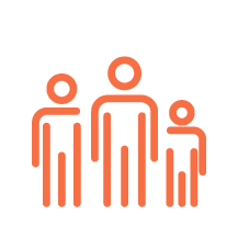 Simple line drawing of three human figures, one adult and two children, in orange outline.