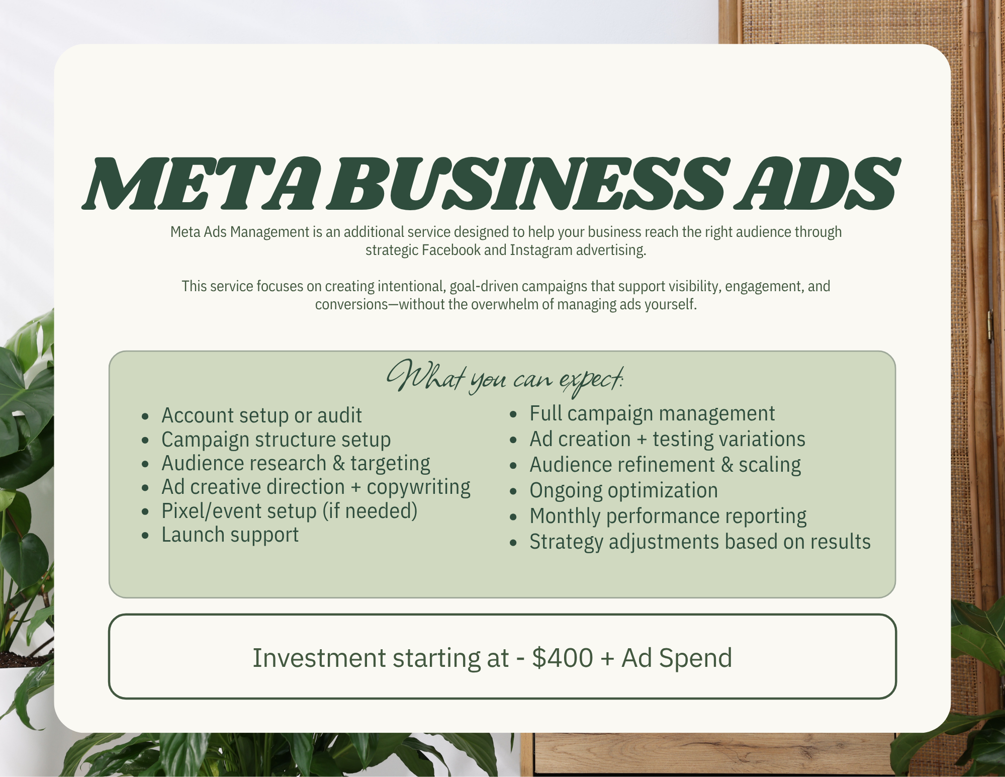 A promotional flyer for Meta Business Ads service, featuring green leaves on the left and a wooden surface on the right, with details about the service and investment information.