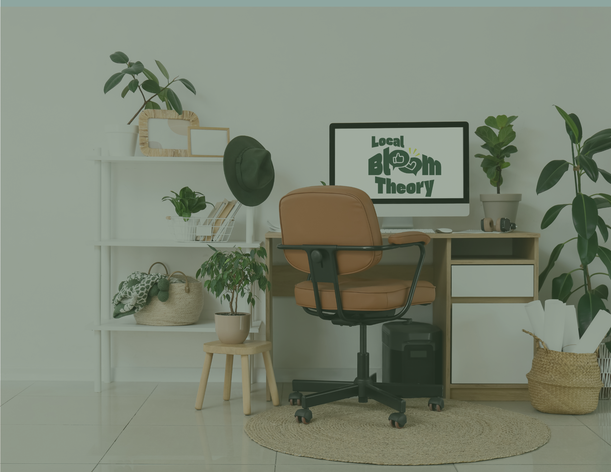 A home office setup with a desk, brown office chair, and various potted plants. A computer monitor displays "Local Bloom Theory." Other decorative items include picture frames, a hat, books, and a woven basket with a blanket.