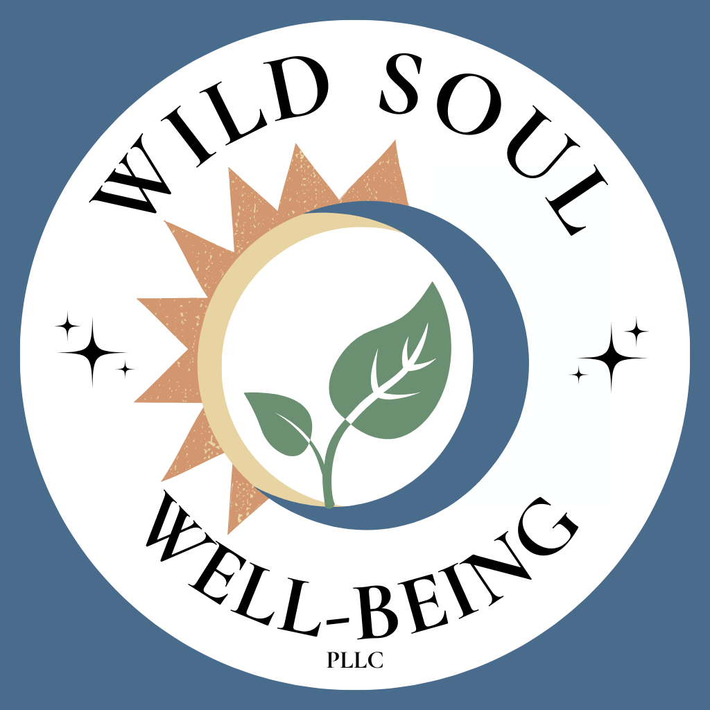 Circular logo for Wild Soul Well-being PLLC depicting cycles of day and night, darkness and light, and growth through all seasons