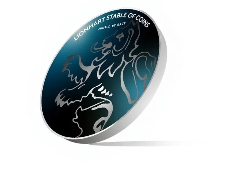 A digital image of a coin with a stylized lion's head design. The coin has the text 'LIONHART STABLE OF COINS' and 'MINTED BY RAZE' on it.