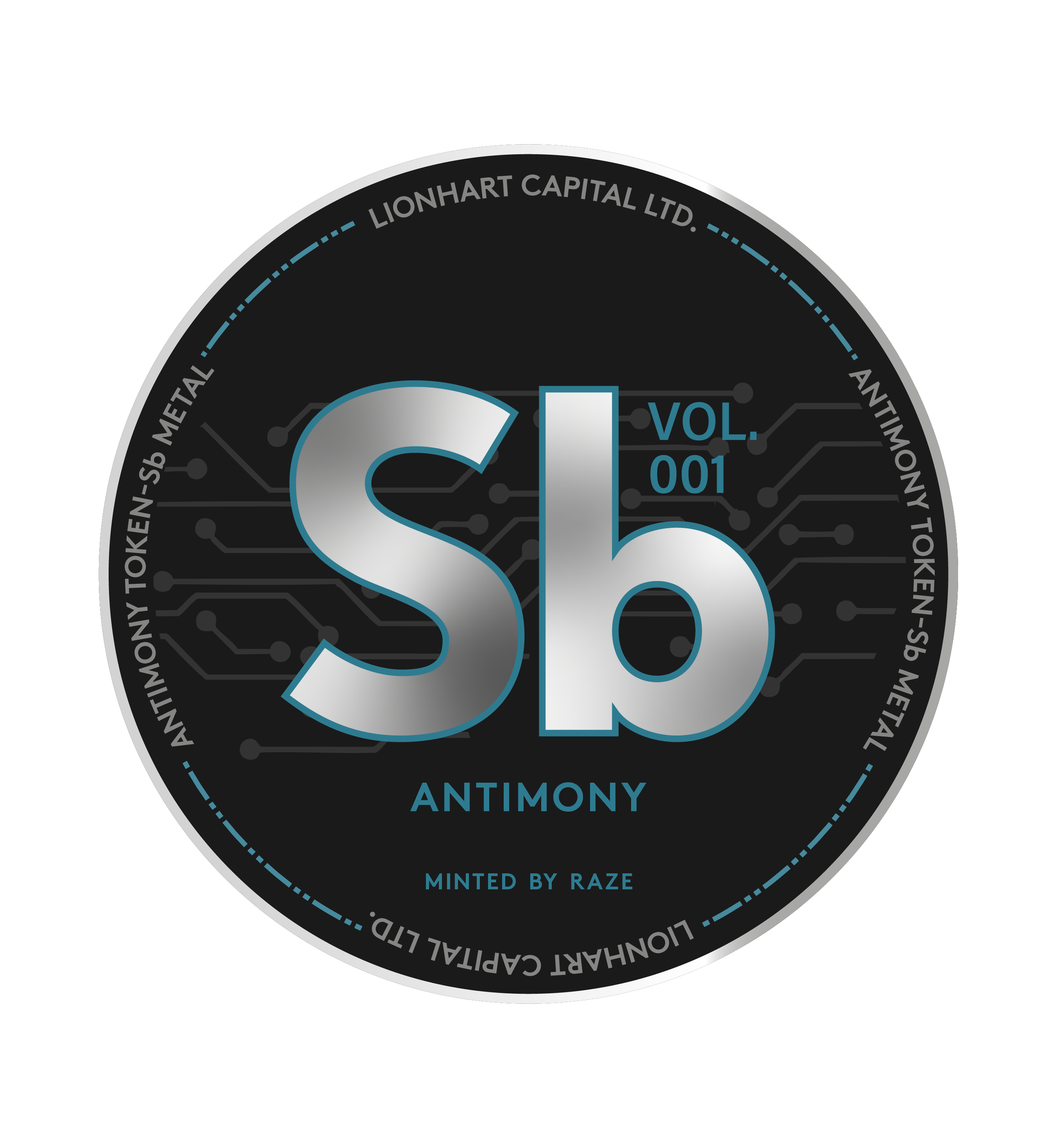 A digital coin design with a black background, silver and blue accents, and circuit-like patterns. It features the text 'Sb' in large silver letters, 'Vol. 001,' 'ANTIMONY,' and 'Minted by Raze.' The outer rim has the text 'LIONHART CAPITAL LTD,' 'ANTIMONY TOKEN SB METAL,' and 'LIONHART CAPITAL LTD.'