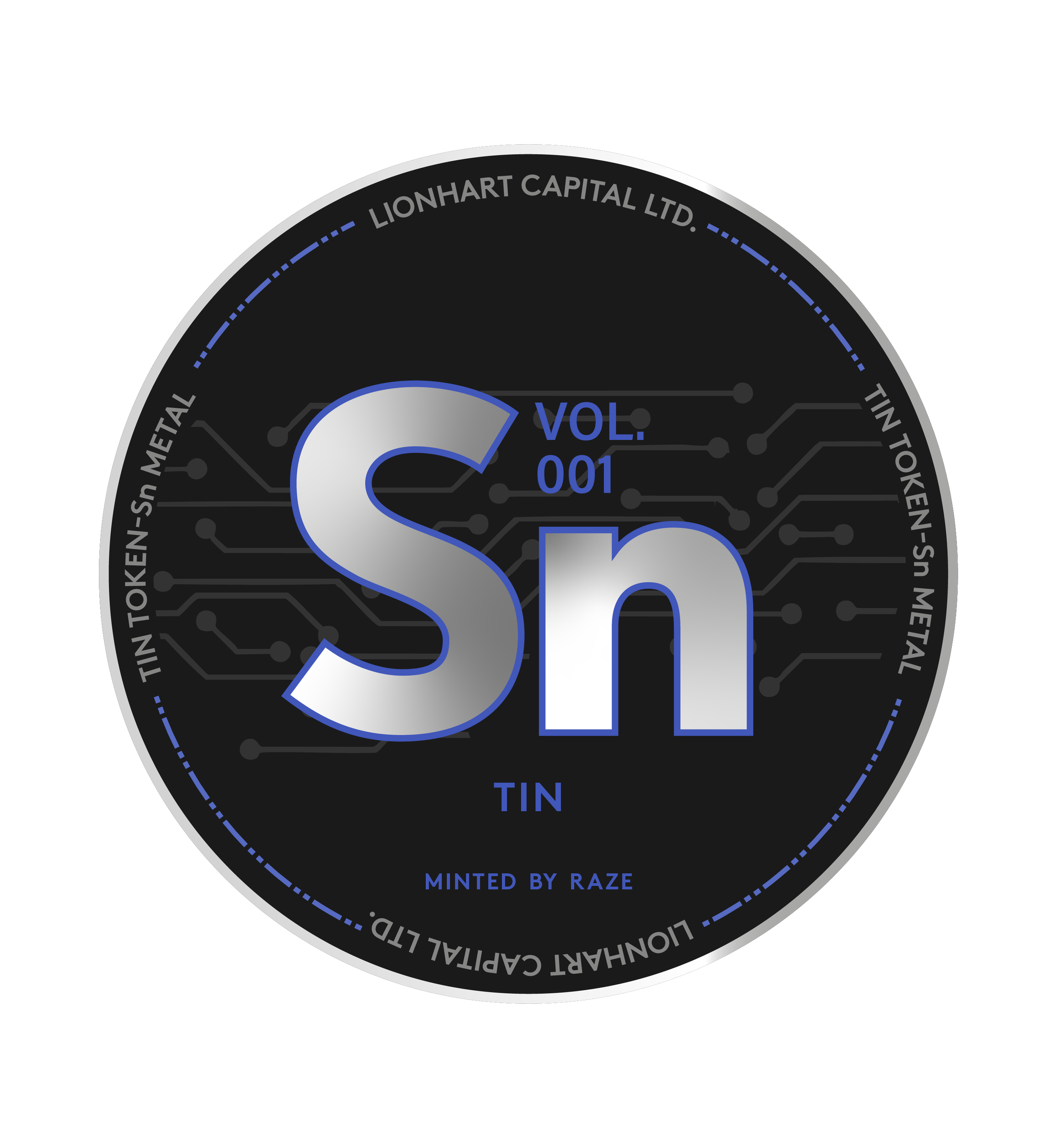 Digital illustration of a cryptocurrency token called 'SN TIN', with a futuristic design, circuit patterns in the background, and text indicating 'VOL. 001'.