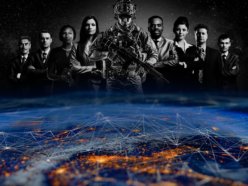 Group of diverse professionals, including a soldier with a rifle, standing above a glowing digital map of the world with interconnected lines and points, set against a starry sky background.