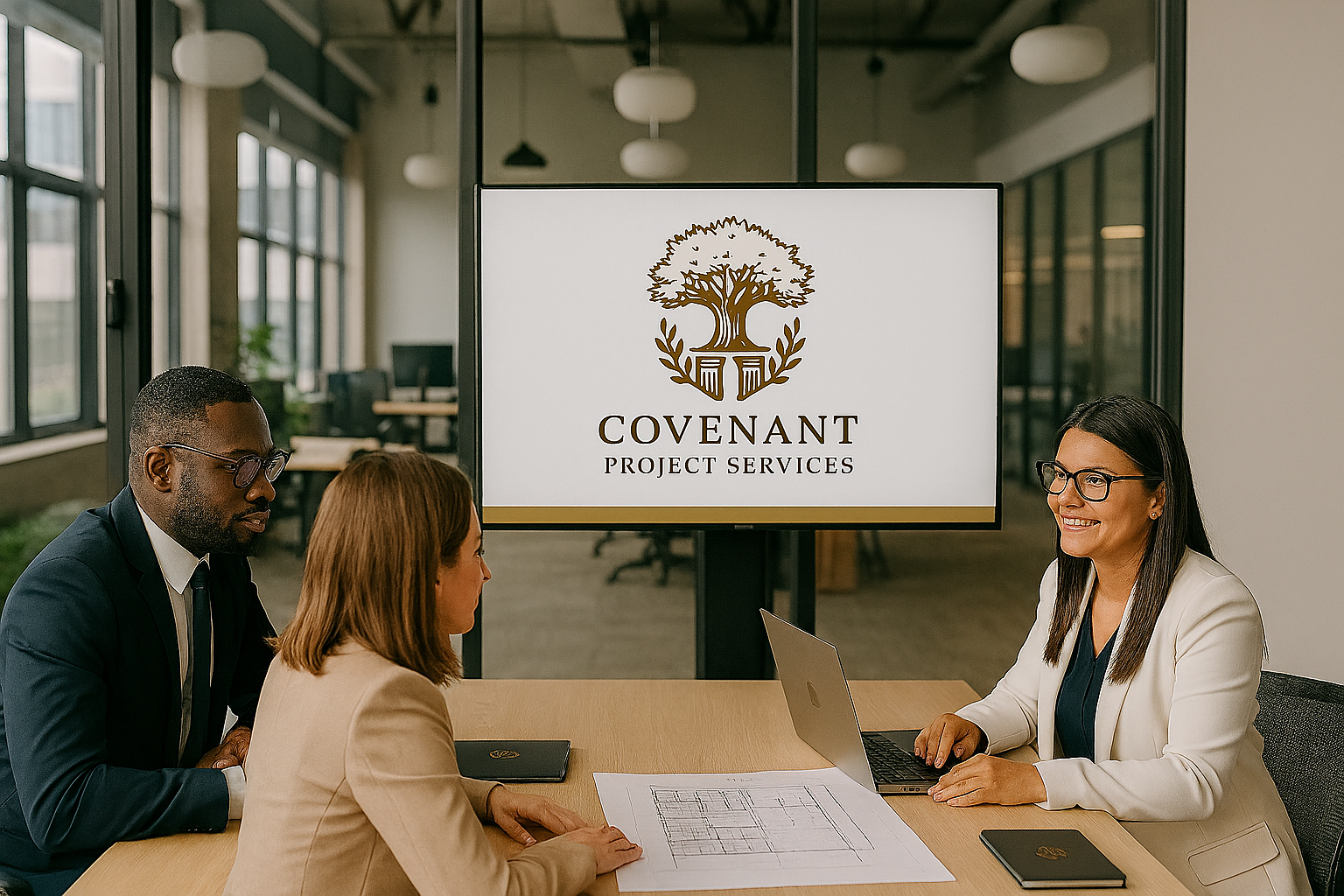Three people in a business meeting in a conference room with a large monitor displaying the logo and name of Covenant Project Services. The woman on the right is smiling and working on a laptop. The man and woman on the left are listening and looking at documents on the table.
