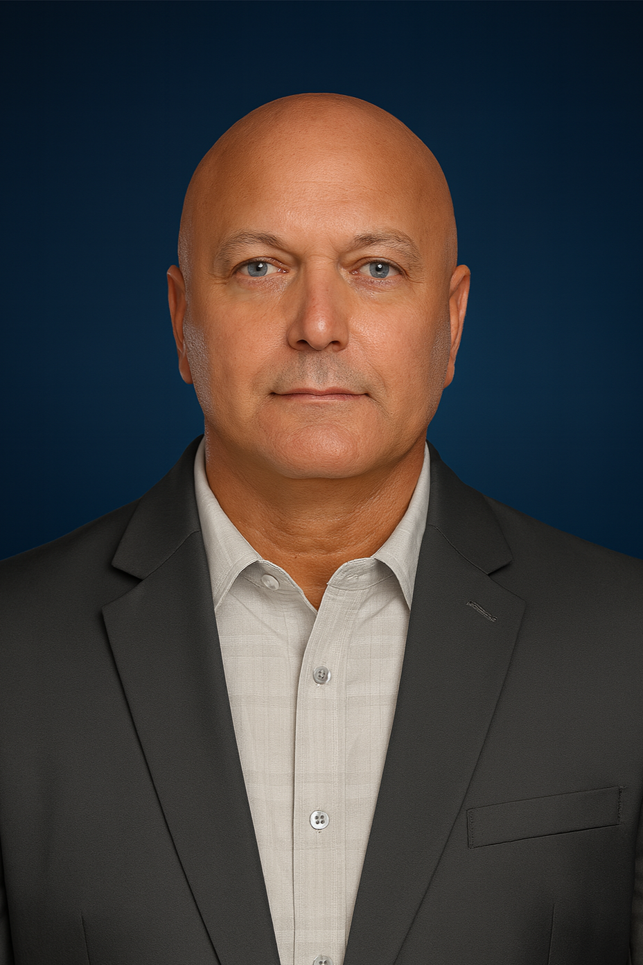 A bald man in a light-colored collared shirt and dark blazer posing against a dark blue background.