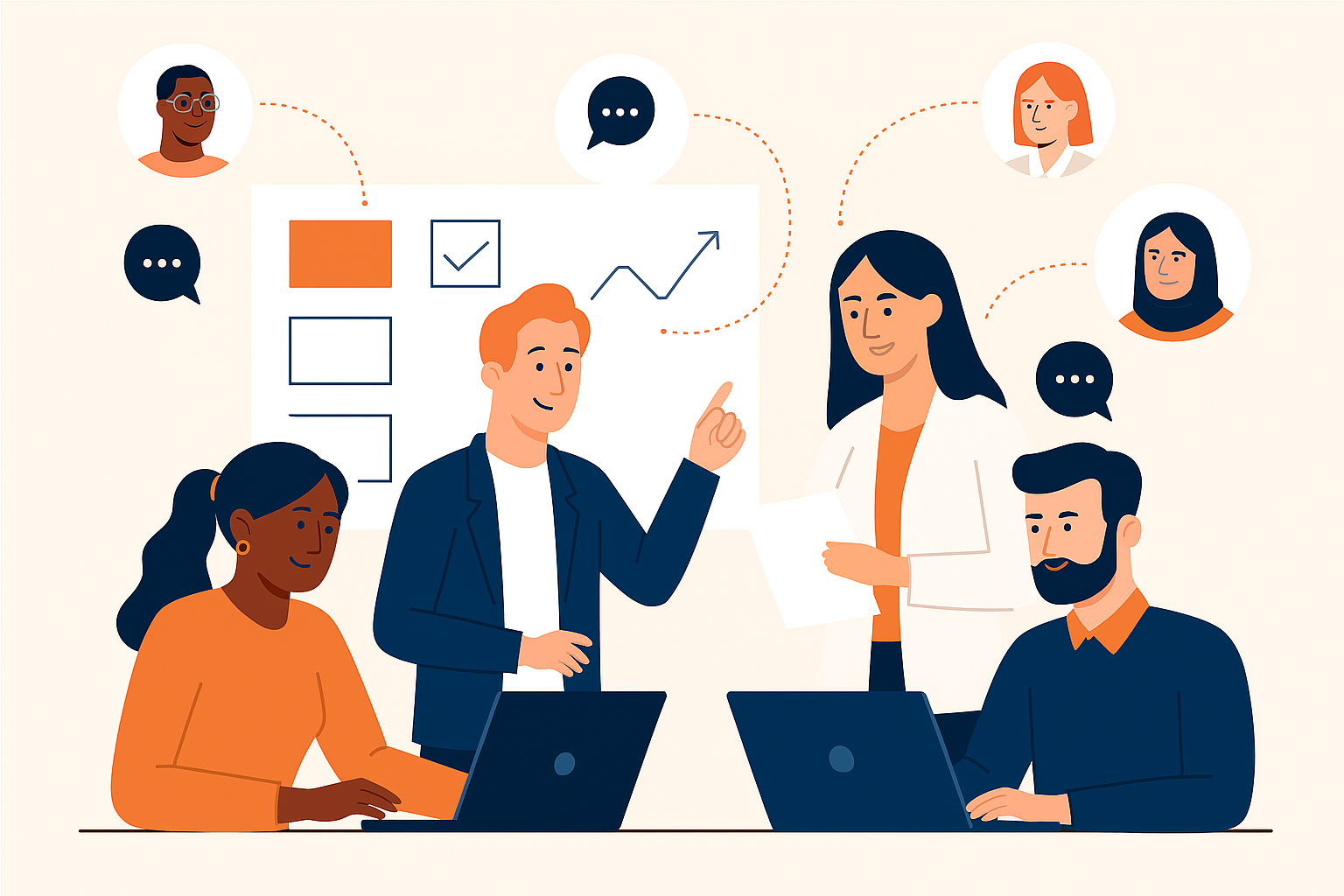 Four diverse people in a meeting, two women and two men, working on laptops, discussing a presentation with checkboxes and a graph. There are speech bubbles with profile images of other women, indicating ongoing conversations.