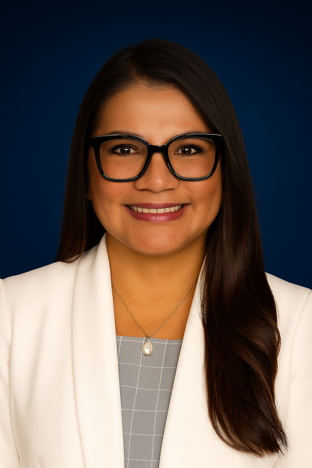 A woman with long dark hair wearing large black glasses, a white blazer, and a pearl pendant necklace, smiling against a dark blue background.