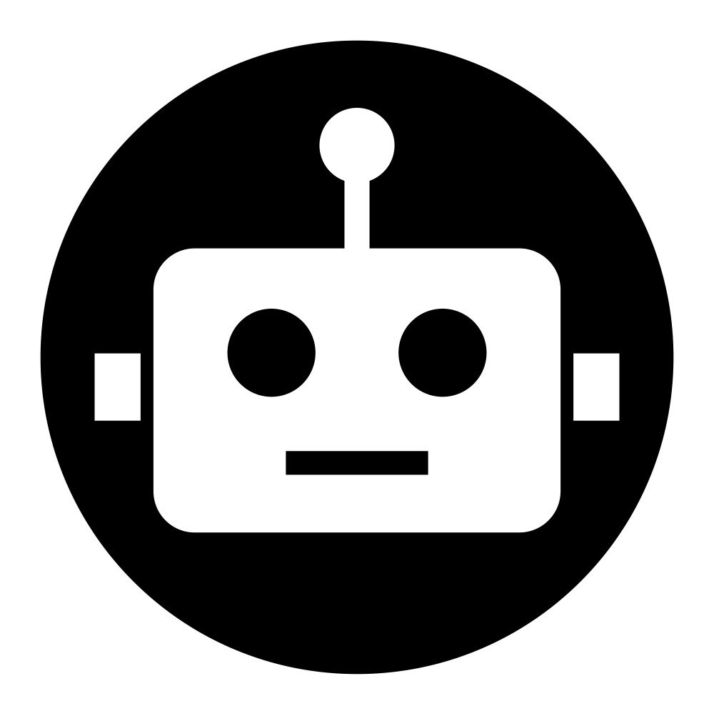 Black and white icon of a robot's head with a circular background, featuring a simple robot face with two round eyes, a horizontal line for a mouth, and an antenna on top.