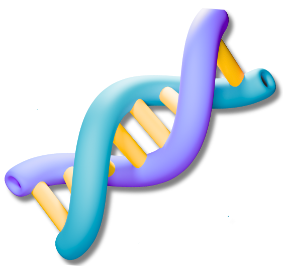 Digital illustration of a stylized DNA double helix with purple, blue, and yellow strands.