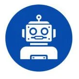 Icon of a robot with a circular head, two eyes, and a rectangular body, on a blue circular background.