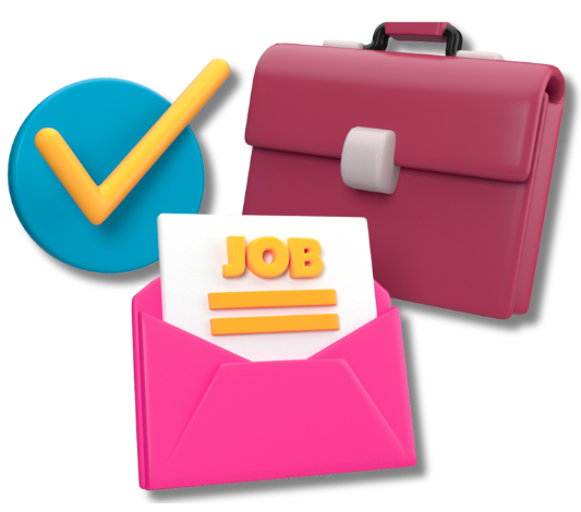 Pink briefcase and envelope with a job application inside, a blue checkmark icon, and a pink briefcase in the background.