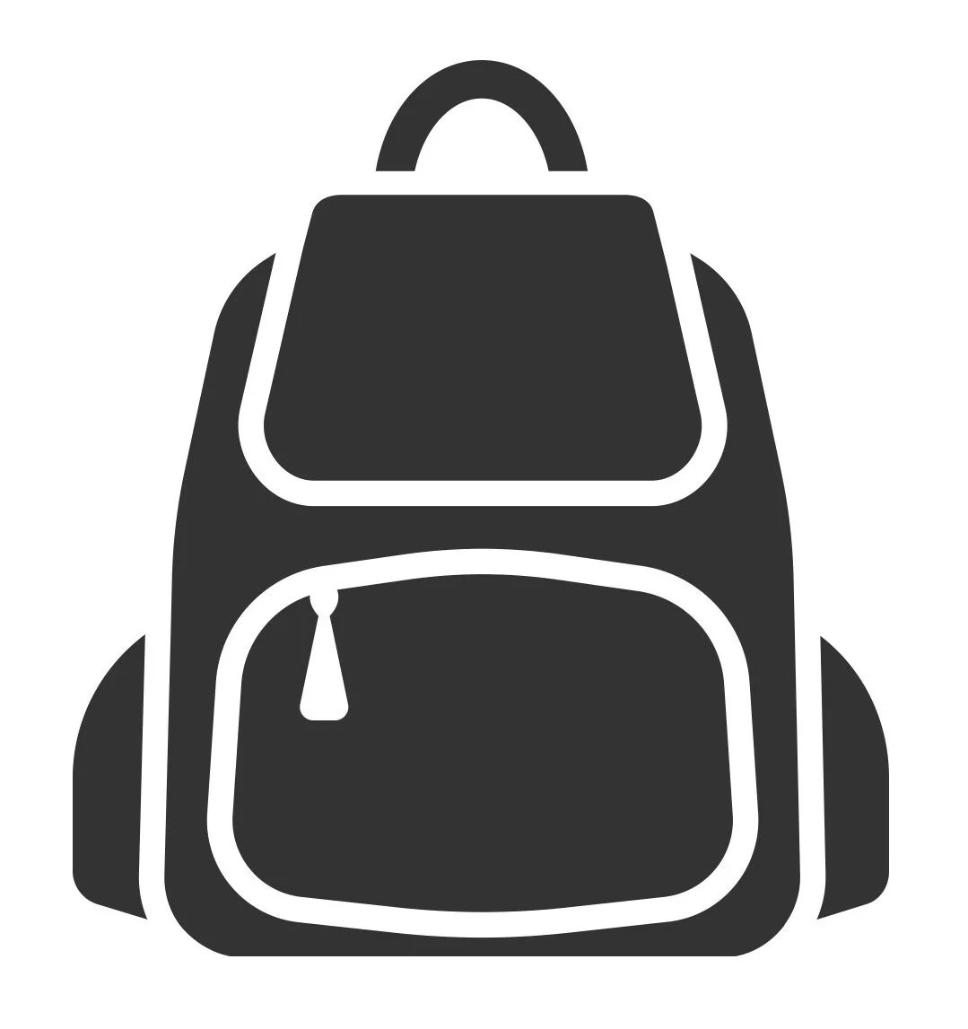 Black and white illustration of a backpack with multiple compartments and zippers.