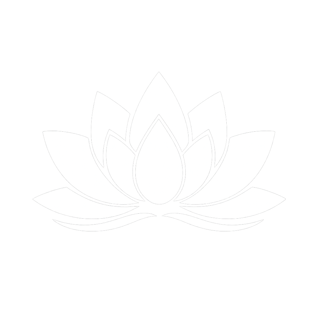 White line drawing of a lotus flower with layered petals.