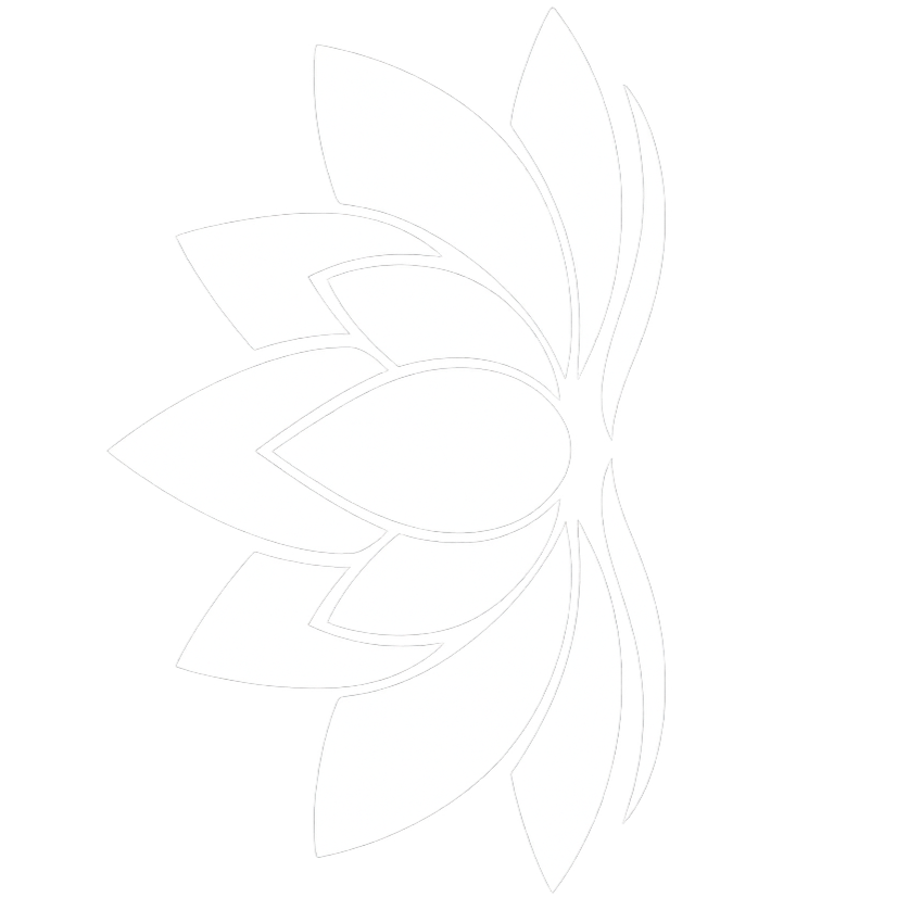 A black and white line drawing of a stylized flower with multiple petals extending outward from the center.